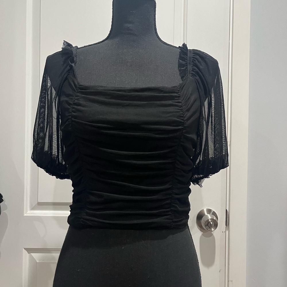 Wild Fable Black Ruched Mesh Sleeve Blouse